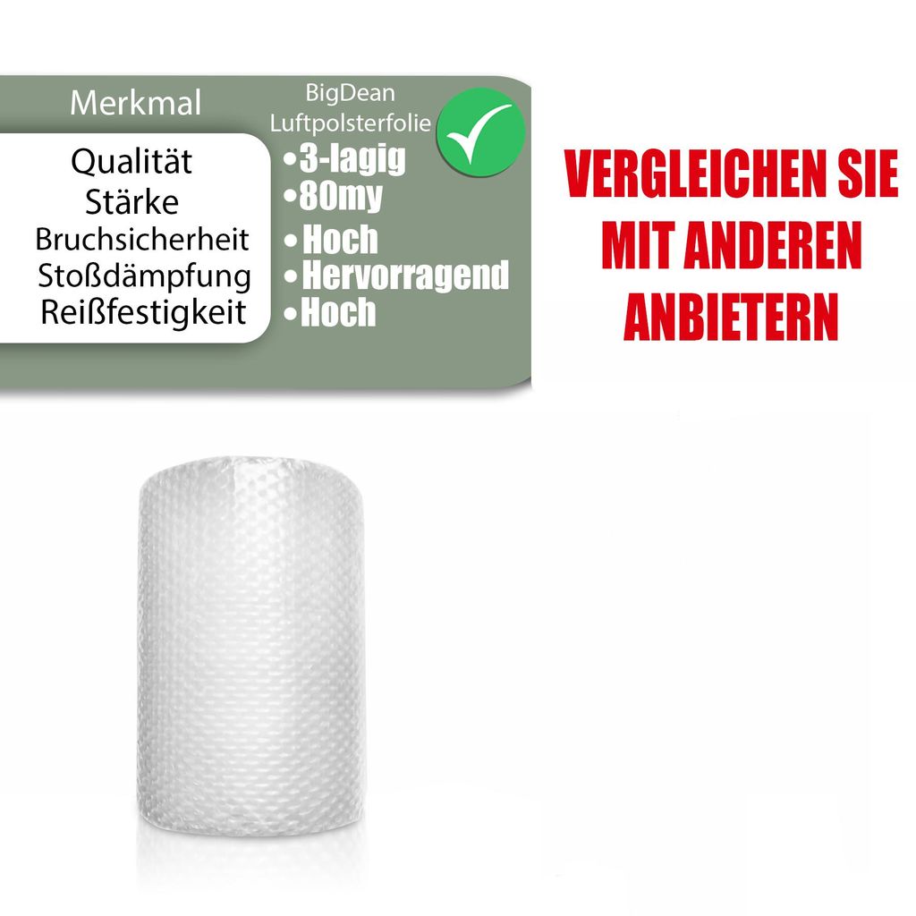 BigDean Premium Luftpolsterfolie Rolle 80 my 3-lagig 10m x