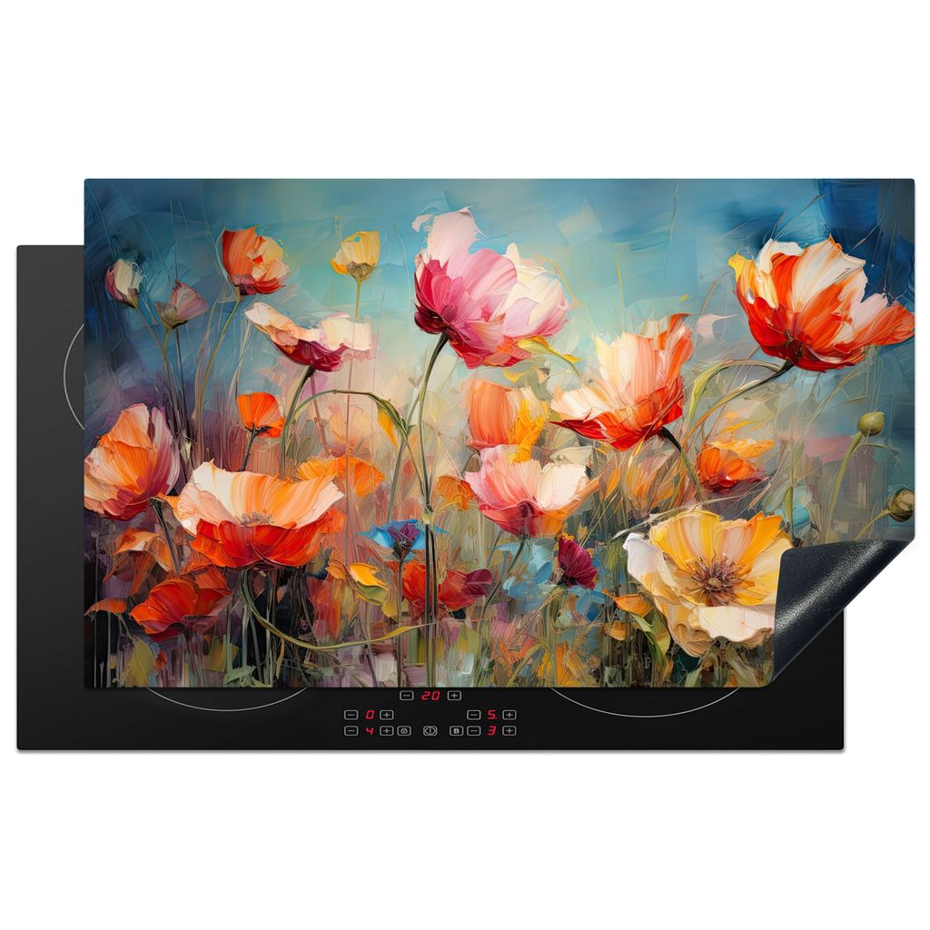 KitchenYeah Herdabdeckplatte Mohnblumen - Bunt - Blumen , 83x51cm, Küche Deko, Glaskeramikkochfeld Herdabdeckung, Abdeckplatte fùr Kochfeld