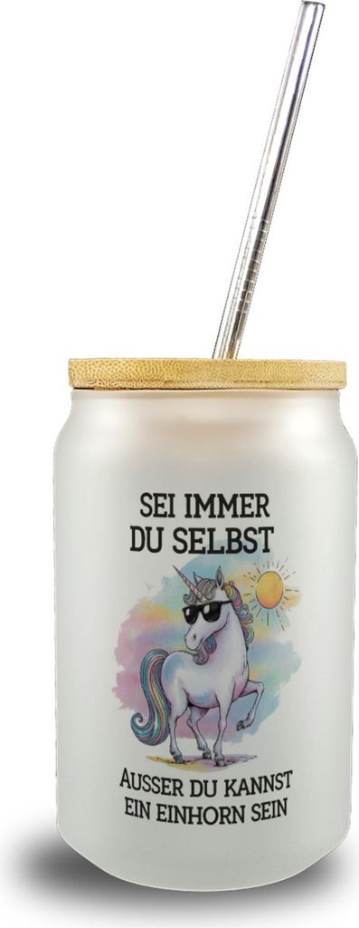 Einhorn mit Sonnenbrille Trinkglas mit Bambusdeckel Sei ein Einhorn