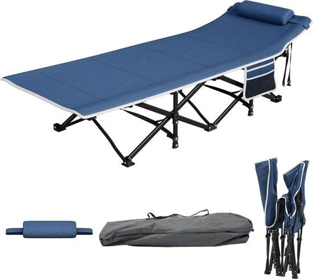 Lit de camping pliable bleu robuste supportant une charge de 260 kg