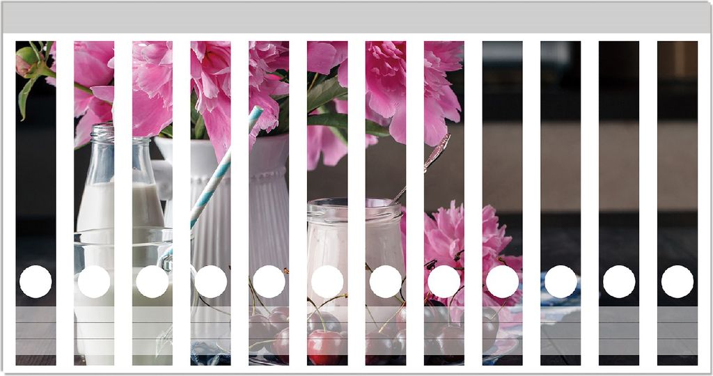 Wallario Ordnerrücken Sticker, selbstklebend für schmale Ordner, 12 Stück, Motiv Milch mit Kirschen zum Frühstück mit rosa Blumenarrangement
