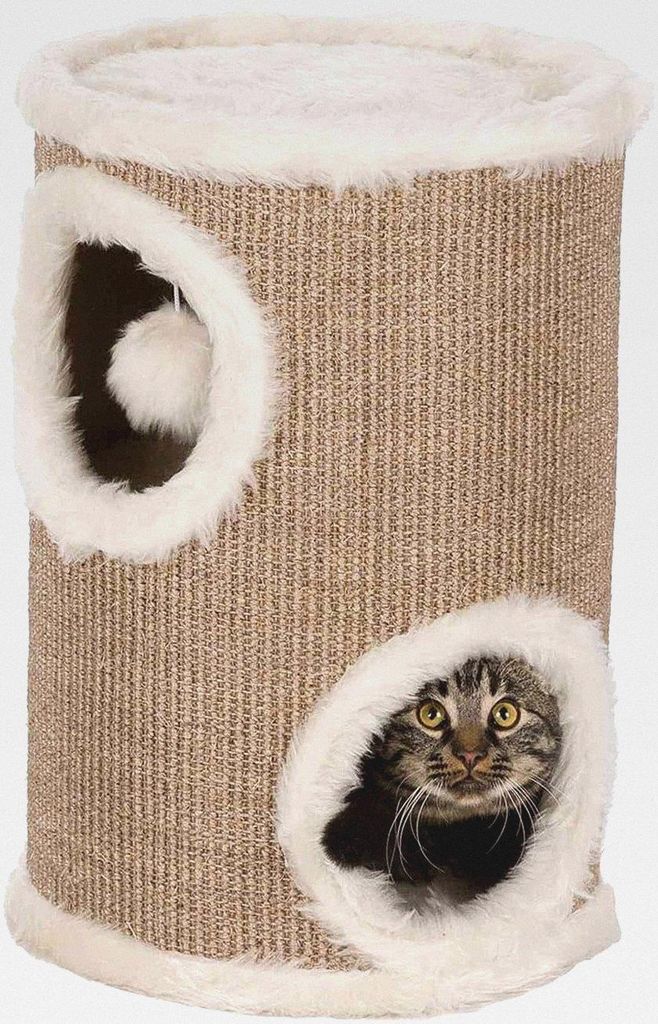Katzentonne Edoardo 50 cm in taupe/creme – zweistöckige Kratztonne für Katzen mit gepolsterter Liegefläche & Sisalkratzfläche, gemütlich & s...