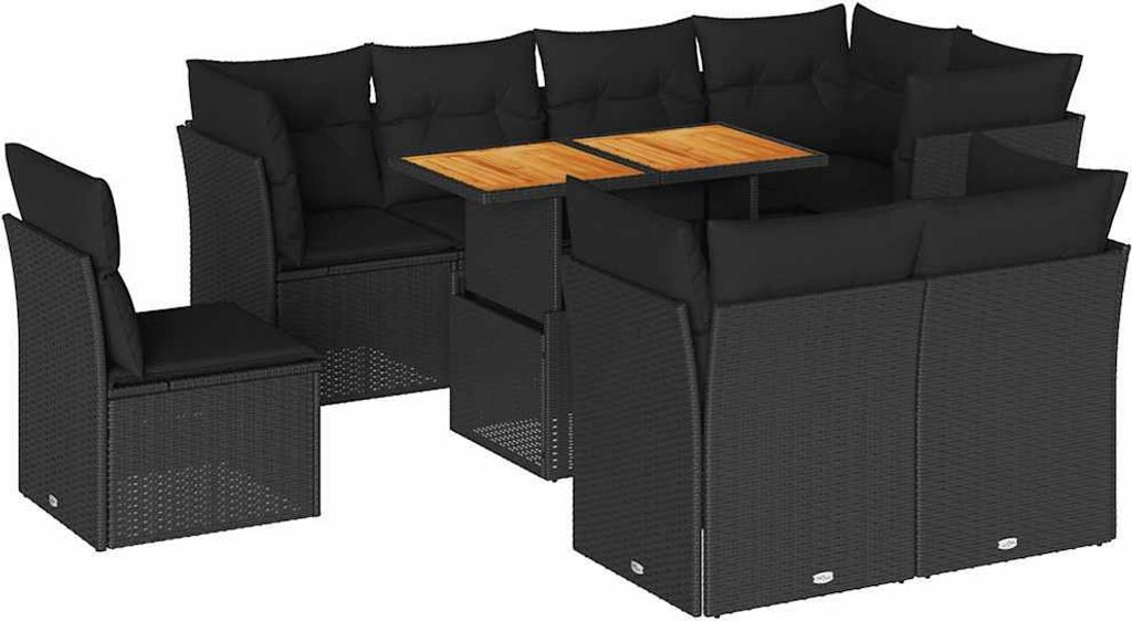 vidaXL 9-tlg. Garten-Sofagarnitur mit Kissen Schwarz Poly Rattan