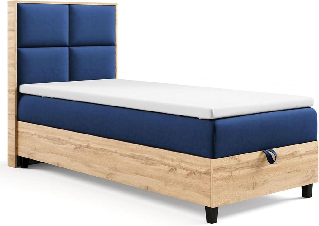 Trinity K-2 Einzelbett 90x200 Blau | Boxspringbett mit Bettkasten | Bonellfederkern & Topper | Polsterbett mit Kopfteil | Lieferung Bordsteinkante