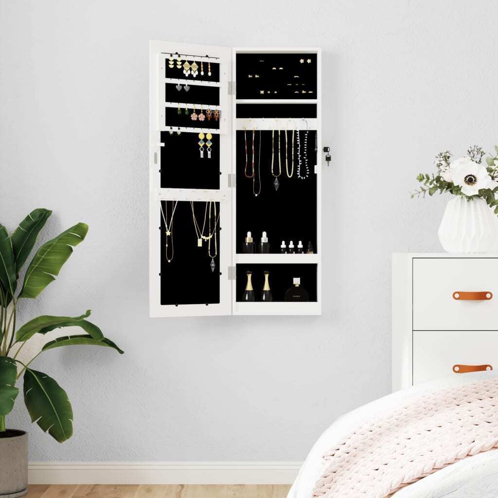 The Living Store Schmuckschrank mit Spiegel Wandmontage Weiß 30x8,5x90 cm