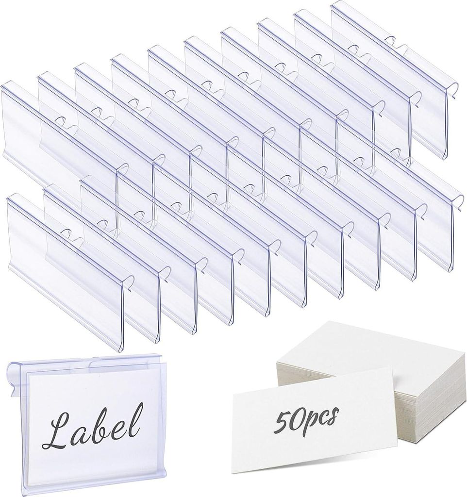 50 transparente Kunststoff-Labelhalter für Drahtregale und Körbe - Set von 50 Labelhaltern für Preisschilder und Merchandise-Boards im Supermarkt