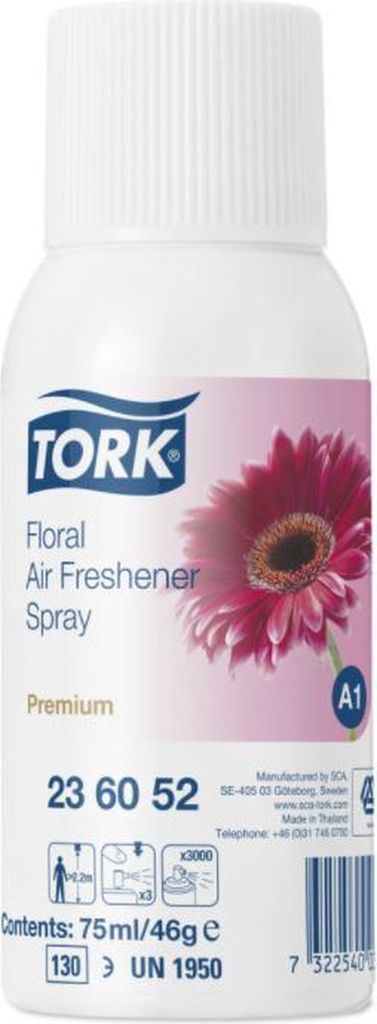 A white bottle of Tork Floral Air Freshener Spray with a pink flower on the label.