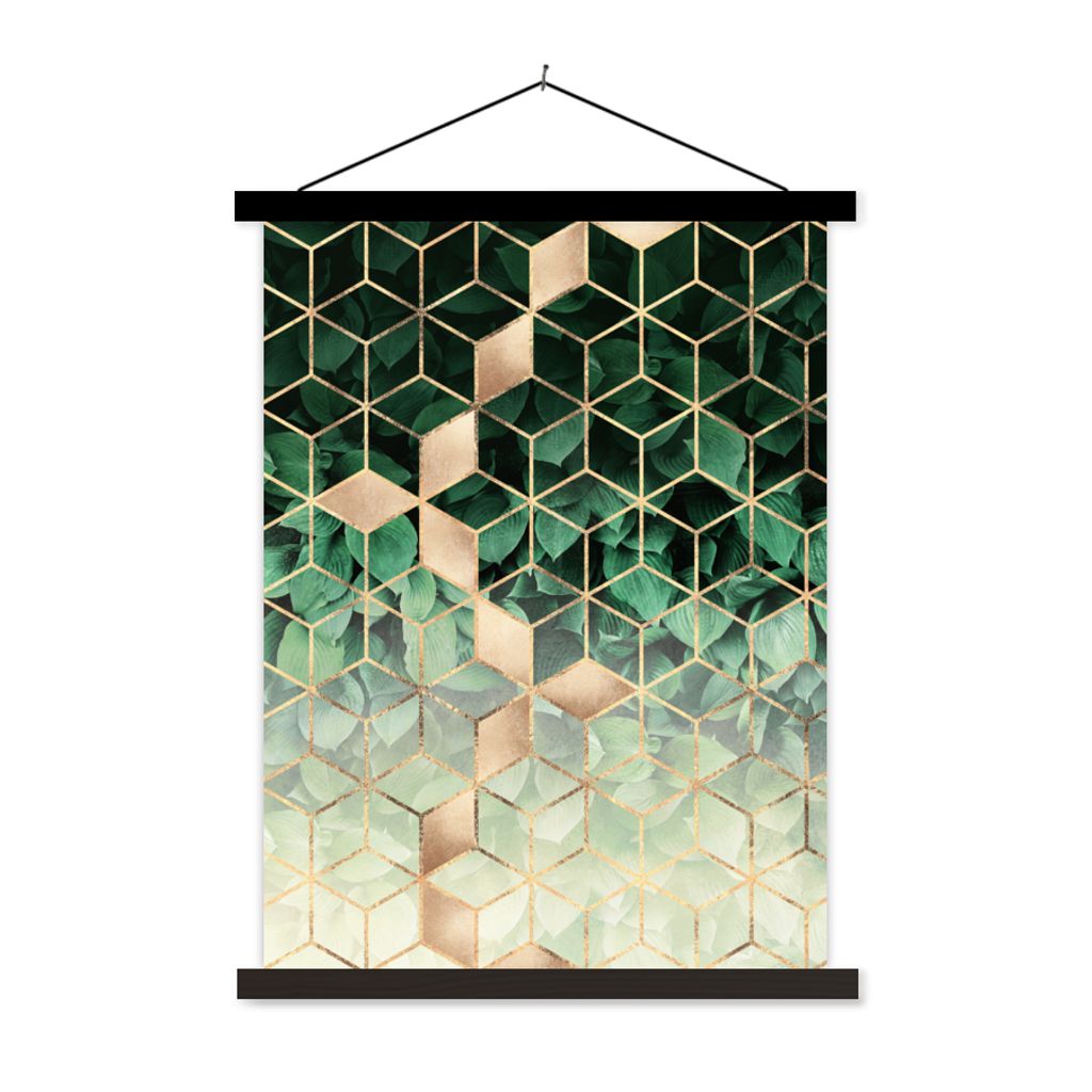 MuchoWow Textilposter Blätter - Gold - Würfel - Luxus 40x53 cm mit schwarzem Rahmen - Abbildung