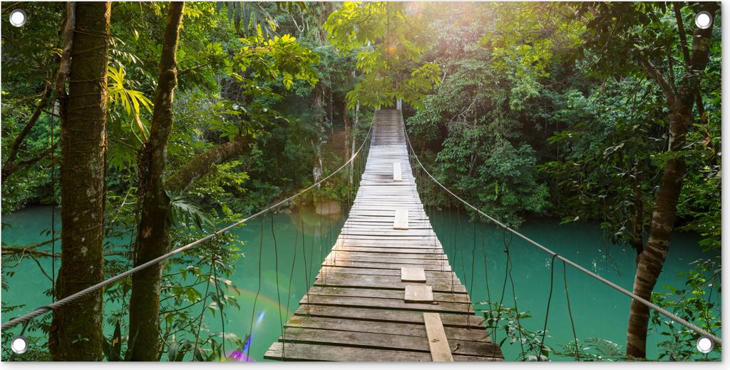 MuchoWow 80x40 cm Outdoor-Poster Gartendeko Sichtschutz Garten Poster für den Garten Dschungel - Wasser - Brücke - Natur - Pflanzen