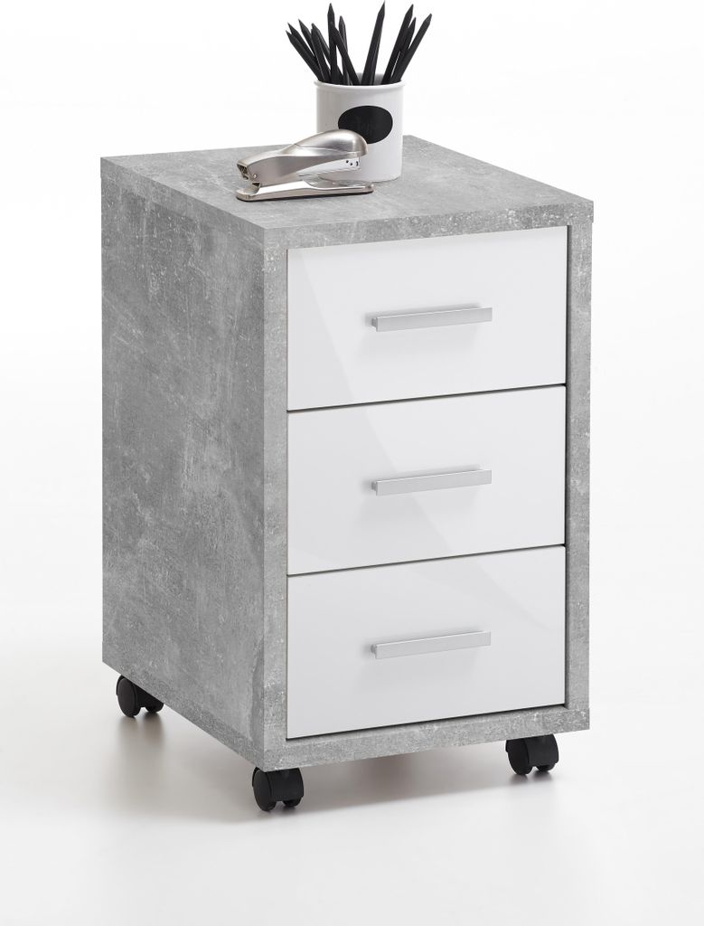 Rollcontainer >DIEGO 2< in Beton LA-hochlanz weiß - 35x58,9x42cm (BxHxT)
