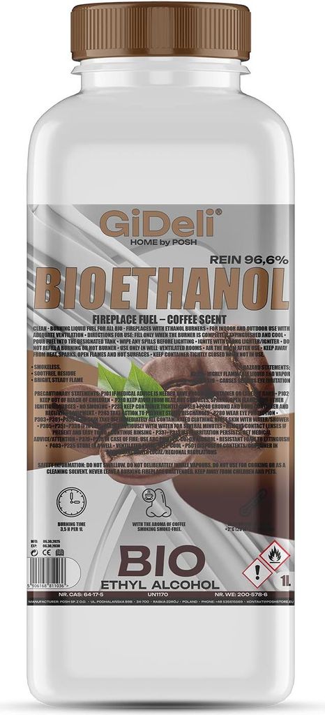 Bioethanol Kaffeeduft 96,6% 1L für Kamin Universal Rauchfrei und Rußfrei GiDeli