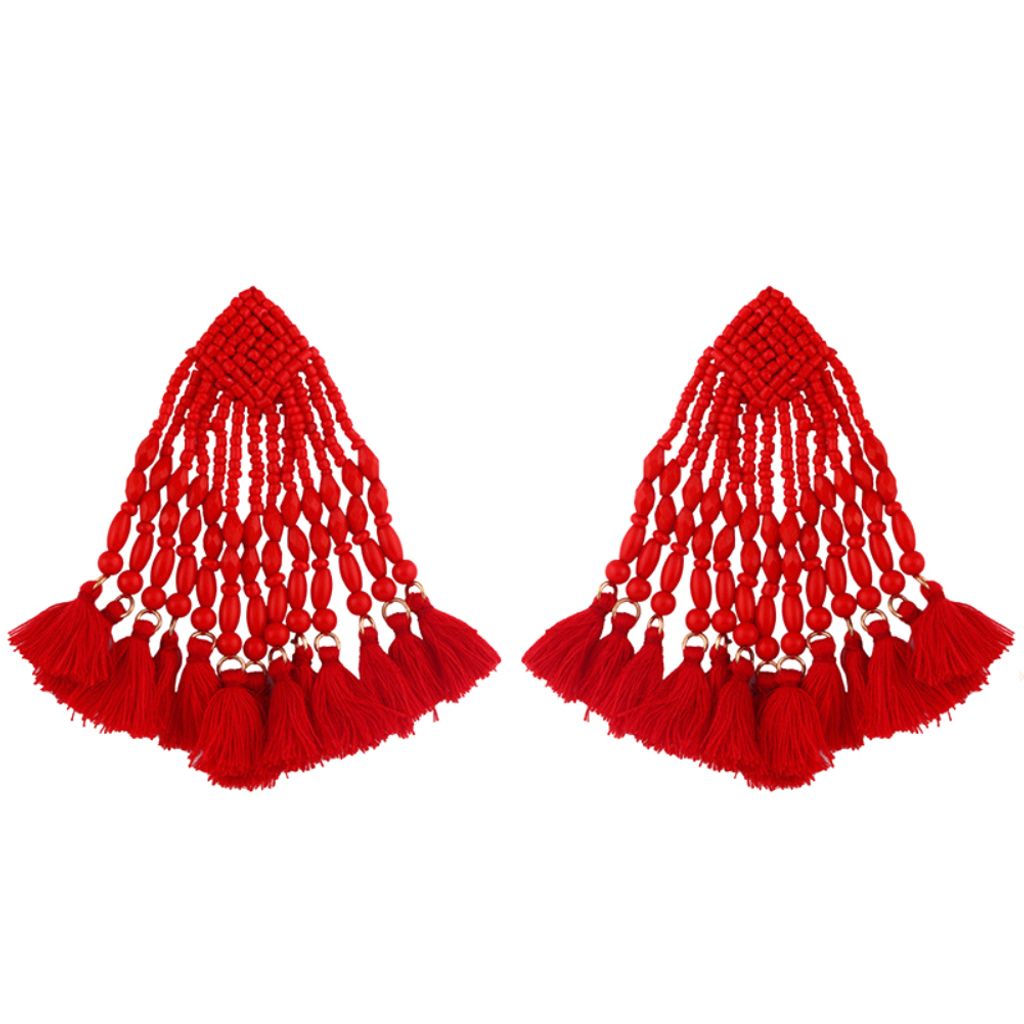 Böhmische Damen-Perlen, Quaste, lange Ohrstecker, Statement-Schmuck, Geschenk-Rot