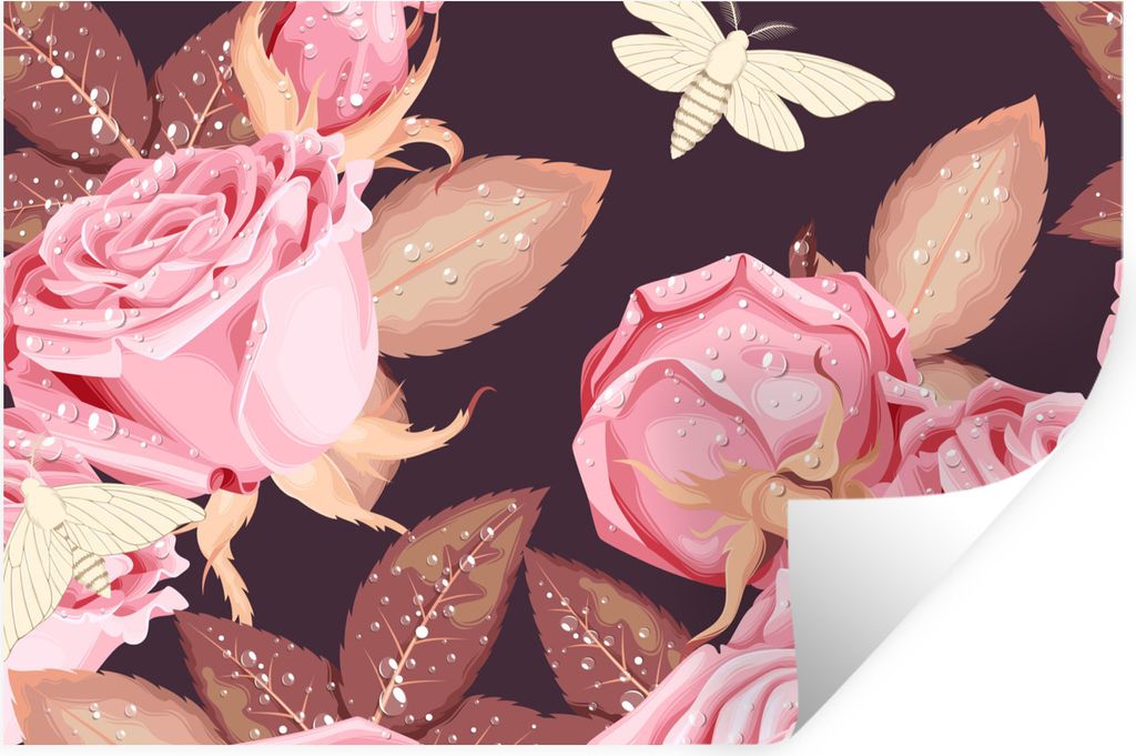 MuchoWow Wandtattoo Wandsticker Wandaufkleber Rosen - Schmetterlinge - Rosa - Weiß 120x80 cm Selbstklebend und Repositionierbar - Selbstklebend ...