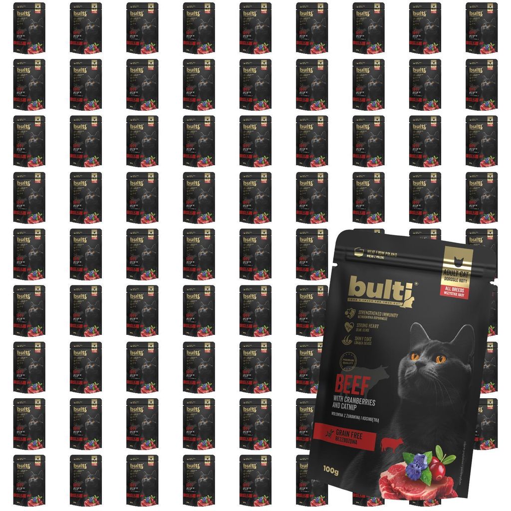 Bulti | Superfood Nassfutter für Katzen - 80x100g - 65% Rindfleisch - Ohnegetreide - Cranberry und Katzenminze