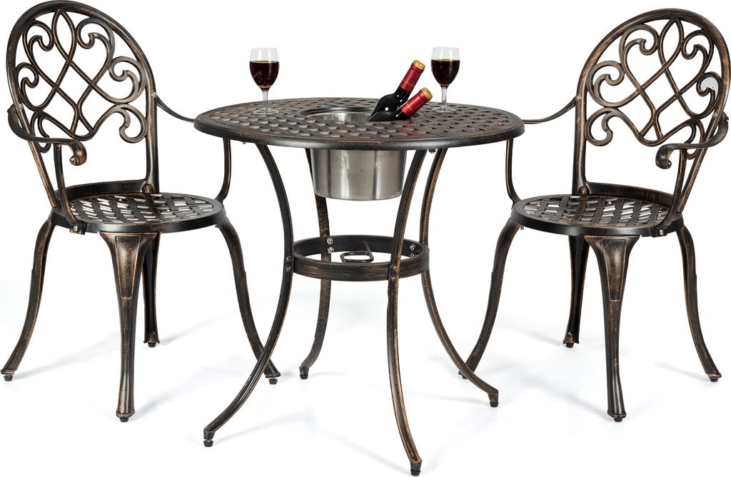 A bistro set with two chairs and a round table, set against a white background.