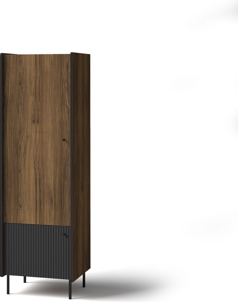 Minio, Drehtürenschrank "PERETO 2", Kleiderschrank, Walnuss Warmia / San Sebastian / Schwarze matte Farbe
