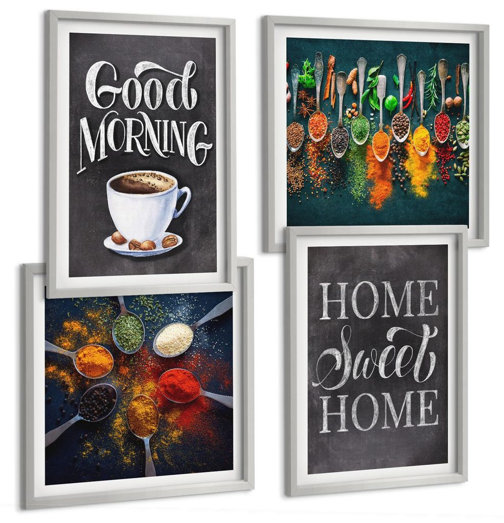 Bilder Set 4-teilig im silbergerahmten Rahmen – Wandbilder 4 Stück – gerahmte Poster für Wohnzimmer, Schlafzimmer und Flur – 50x50 cm - 40x...
