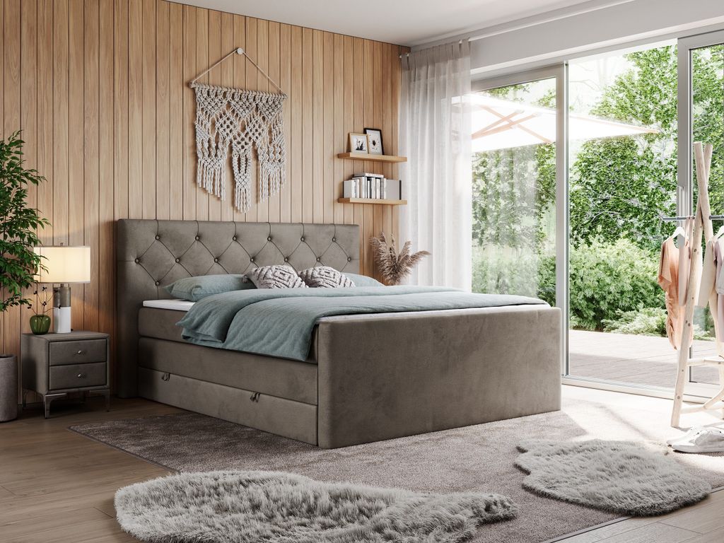 Doppelbett mit Multipocket-Matratze und Topper, boxspringbett mit Bettkästen - KING VELEN - 140x200cm - Braun - H3