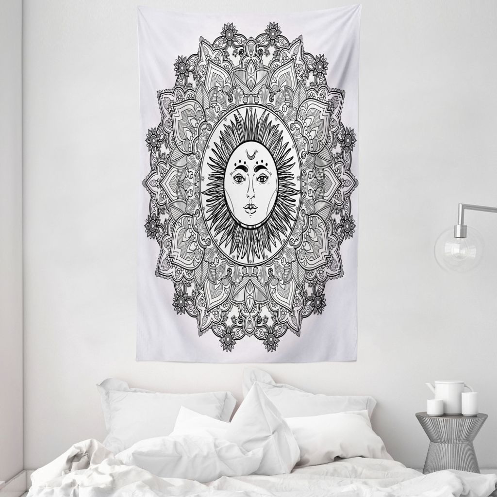 ABAKUHAUS Schwarz-Weiss Wandteppich und Tagesdecke, Boho Blumen aus Weiches Mikrofaser Stoff Waschbar ohne Verblassen Digitaldruck, 140 x 230 cm, W...