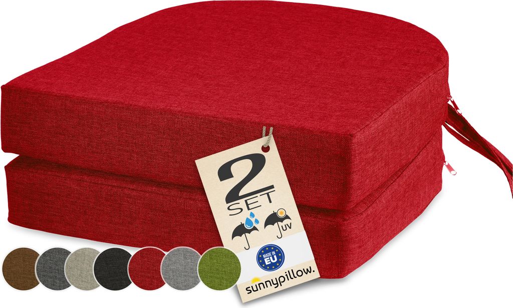 sunnypillow 2er Set Stuhlkissen Outdoor, wasserdicht UV-lichtecht 40 x 40 x 7cm dick - Polsterauflage mit Bändern - Auflage für Stühle,Bänke - ...