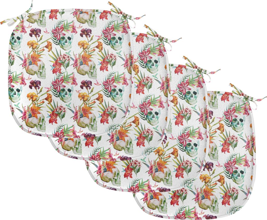 ABAKUHAUS Schädel Polster für Esszimmerstühle, Lilien-Blüten-Schädel, Dekoratives wasserfestes Kissen mit Riemen für Küchensitze, 40 cm x 40...
