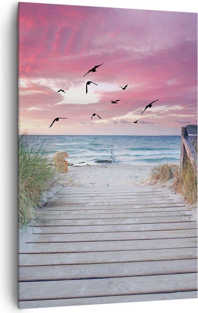 Bild auf Leinwand - Leinwandbild - Einteilig - Strand Sand Vögel - 80x120cm - Wand Bild - Wanddeko - Wandbilder - Leinwanddruck - Wanddekoration -...