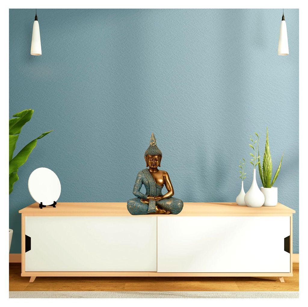 Buddha Dekofigur aus Kunststein in Gold und Mintgrün, Höhe 25 cm, Breite 17 cm