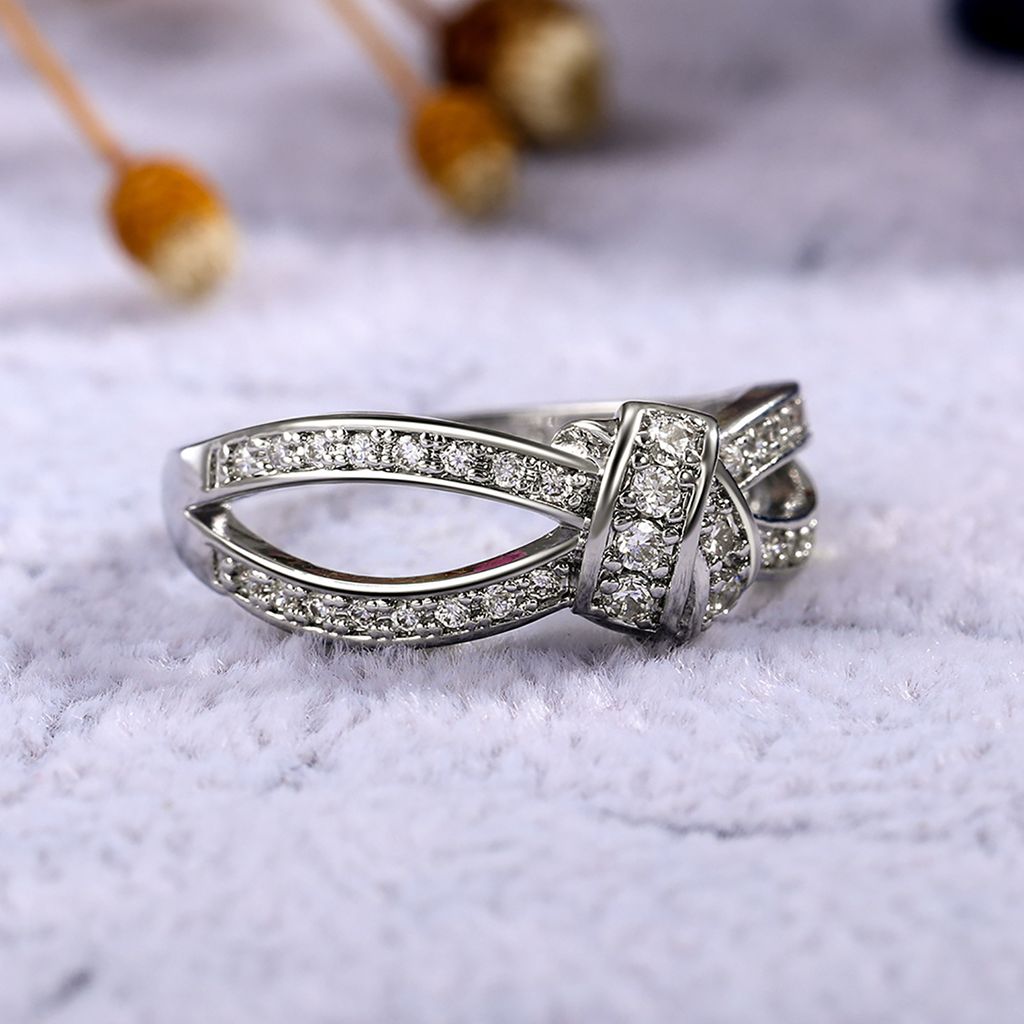 Damen-Ring, verdrehte Schleife, Strass-Intarsien, Legierung, ausgehöhlter Fingerring zum Jahrestag-Weiß,US 6
