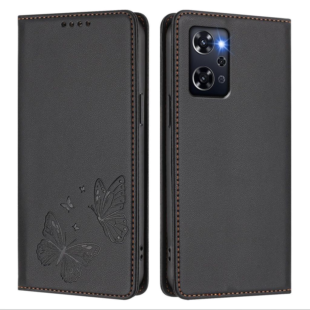 Lederhülle für Oppo Reno9 A, Schmetterling Prägung Leder Brieftasche Schutzhülle mit Ständer Schwarz