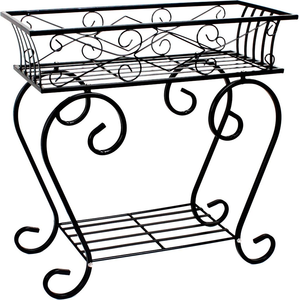 A black metal plant stand with a rectangular planter basket on top and a lower shelf.