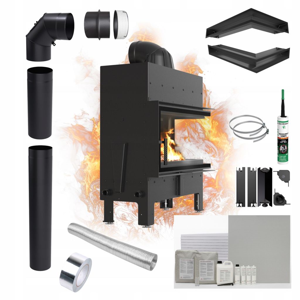 Kamin KRATKI FLOKI L Rechts 12kW Ø200 Schwarz Montageset mit Türschließung