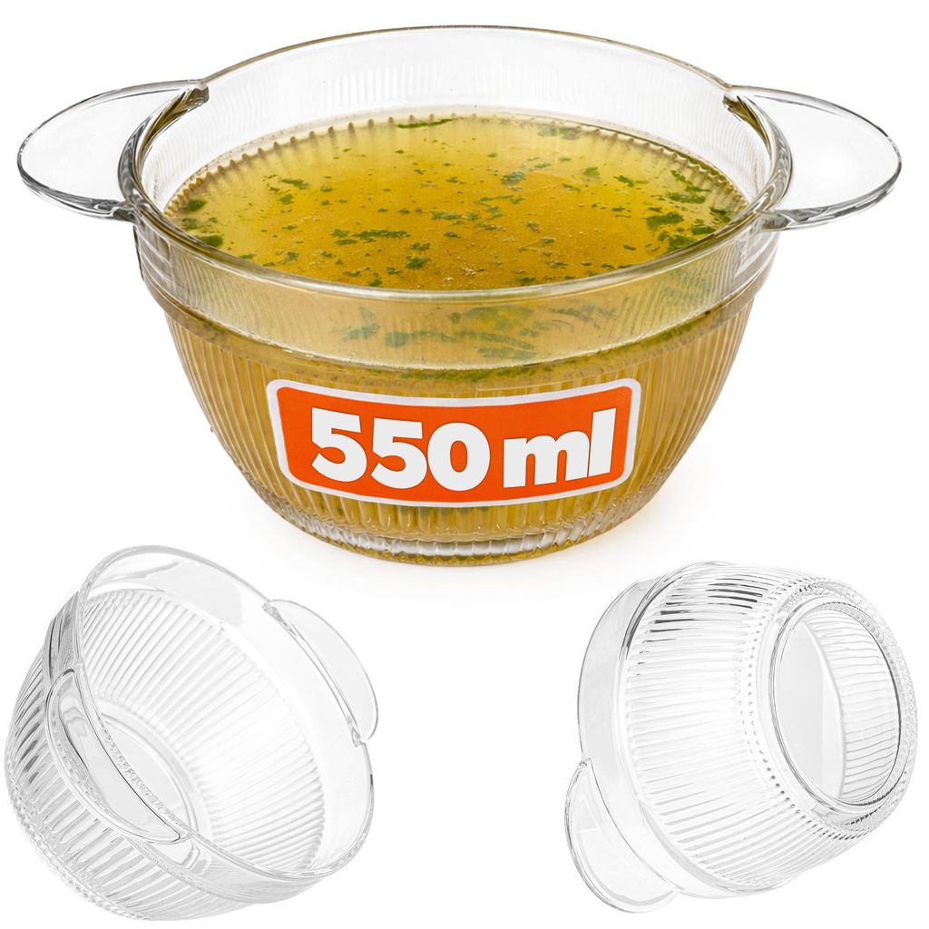 KADAX Suppenschale 550ml, 1 Stück, transparente Schüssel für Suppen, Suppentasse aus Glas, Suppenschüssel, Glasschale mit Griffen, Suppenteller...