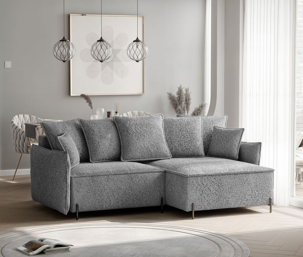IDOHOME-Ecksofa MARCO mit Schlaffunktion Couchgarnitur Ecke Bettcouch L-Form Sofa mit Relaxfunktion und Kopfstützen Rechte Eckcouch Coral 75 Grau