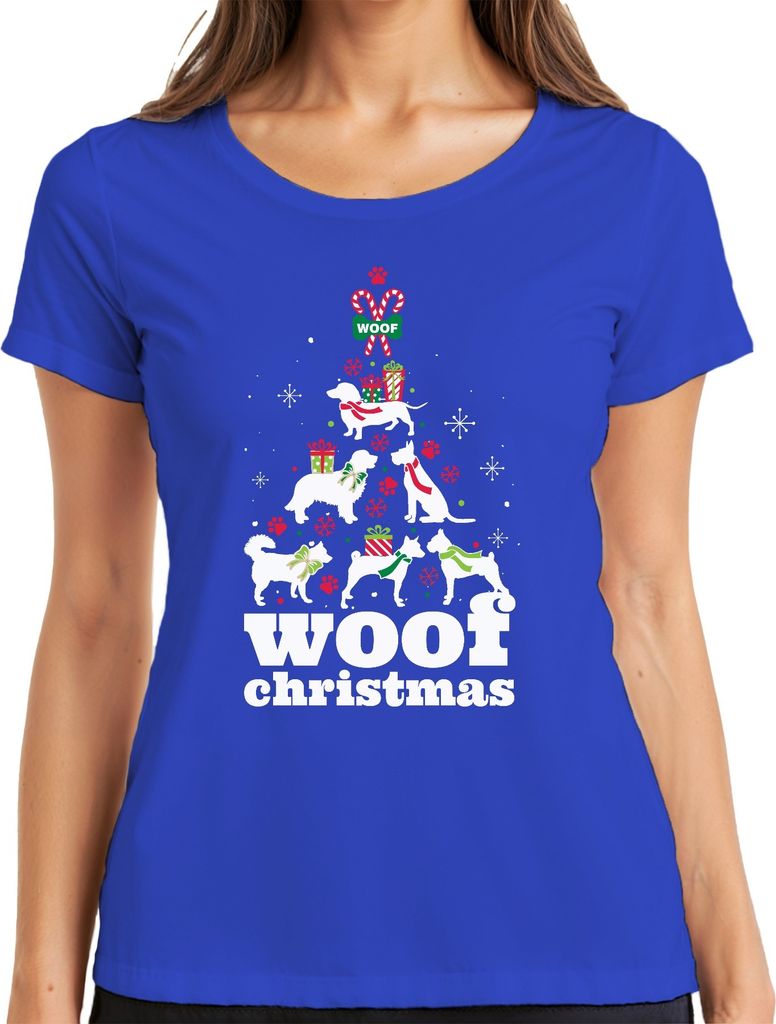 Woof Christmas Hunde Weihnachtsbaum Hundebesitzer - Weihnachten Weihnachtsgeschenk Damen T-Shirt, Blau, XL