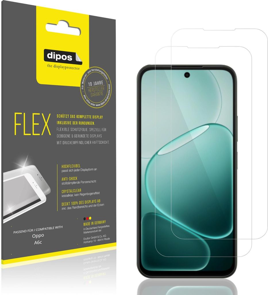 2x Schutzfolie für Oppo A6c Folie, 100% Displayabdeckung, dipos Flex