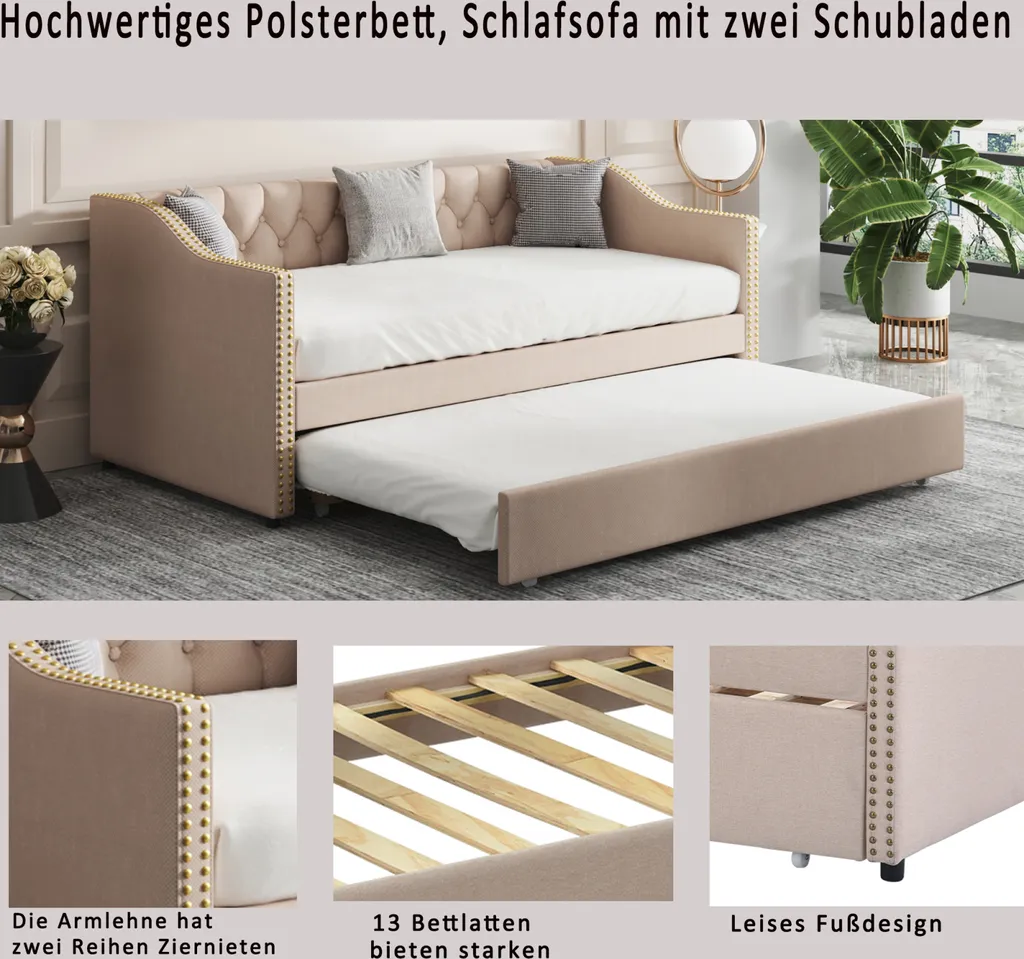 Lit d'enfant 90x200 cm en lin beige extensible avec sommier robuste