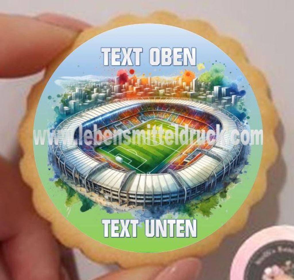 Fußball Stadion Keks / Cupcake Aufleger 1 Seite Wunschtext möglich Oblatenpapier 0,6 Wafer Paper keine - einfach selber ausschneiden 3,8 cm 35 Stk.