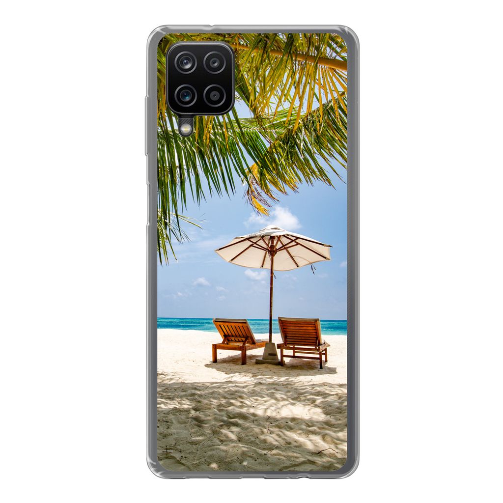 MuchoWow Handyhülle Schutzhülle Hülle für Samsung Galaxy A12 Strandkorb - Sonnenschirm - Palme Silikon Softcase Handy Hülle - Bild