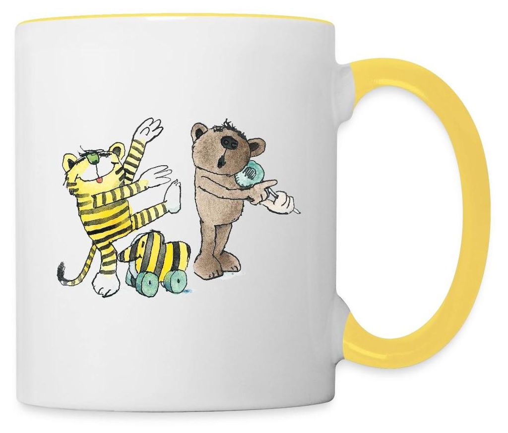 Spreadshirt Janosch Tiger und Freunde Machen Musik Tasse Zweifarbig, One size, Weiß/Gelb