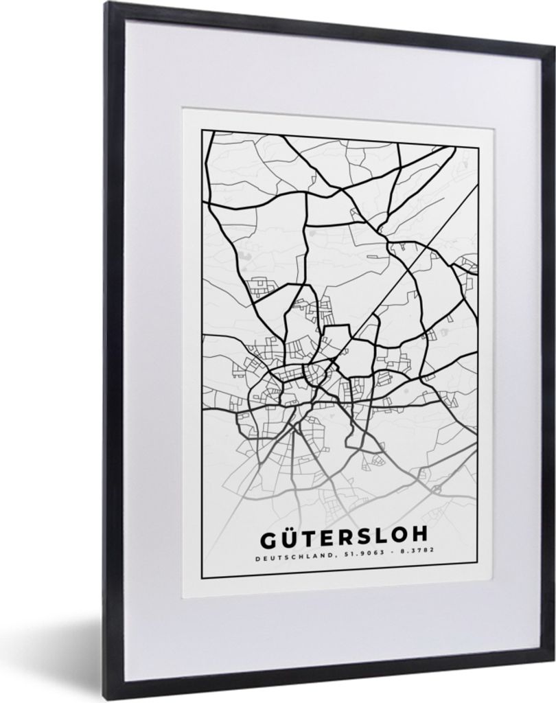 MuchoWow Gerahmtes Poster Stadtplan - Gütersloh - Karte - Wegbeschreibung 30x40 cm - Poster mit Schwarzem Bilderrahmen Wandposter Rahmen Foto Bi...
