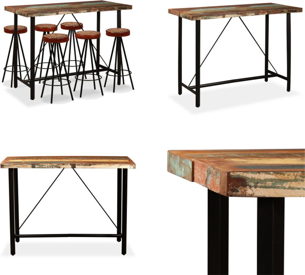 vidaXL 7 tlg. Bar Set Altholz Massiv, Echtleder und Canvas - Bar-Set - Bar-Sets - Bartisch Und Barhocker - Bartische