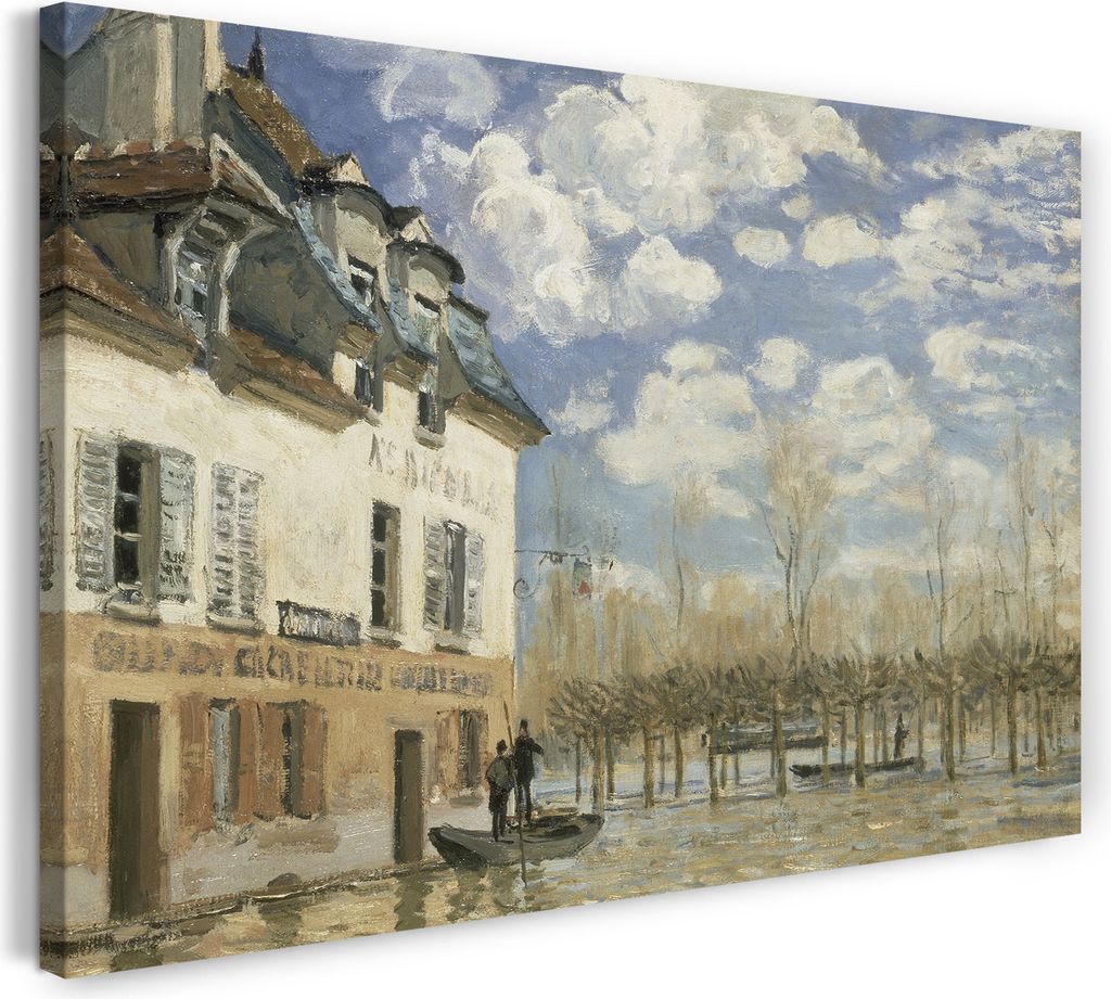 Leinwandbild (100x70cm): Alfred Sisley - Boot in der Flut von Port-Marly, echter Holz-Keilrahmen inkl. Aufhänger, handgefertigt in Deutschland