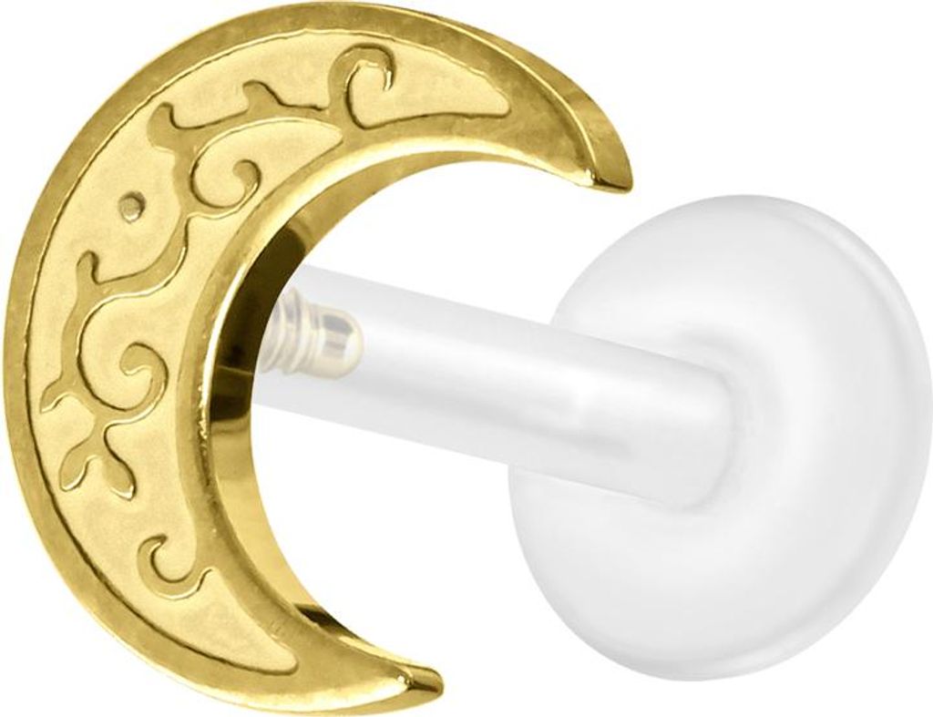 Ohrpiercing, Nasenpiercing PTFE Labret mit Innengewinde + Titan-Aufsatz MOND Gold Stablänge: 9mm | Stabstärke: 1,2mm