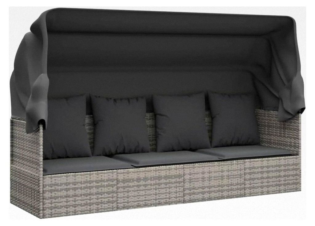 Verstellbares Outdoor-Loungebett mit Kissen und Dach, Gartensofa aus Stahlrahmen, Relaxliege in Grau Poly Rattan