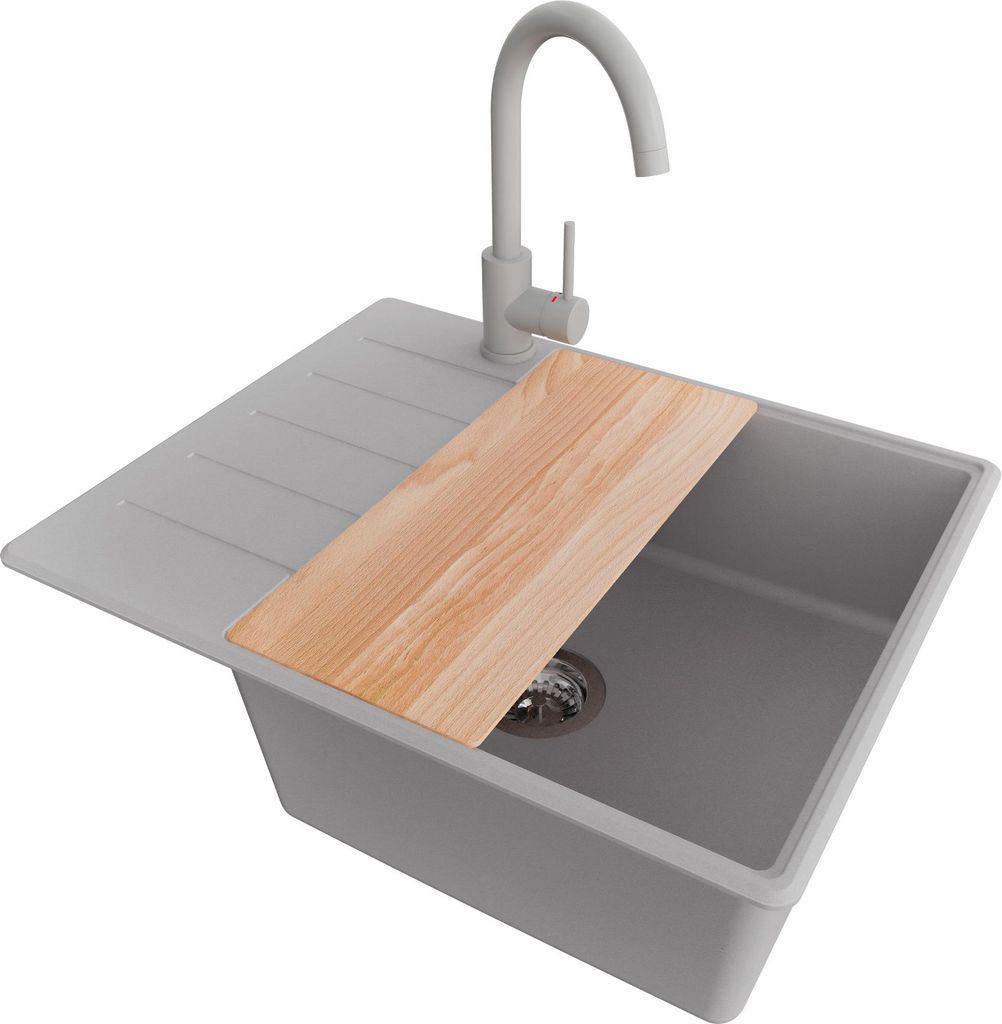 PRIMAGRAN Granitspüle Grau 62x50cm, Spülbecken 1 Becken + Küchenarmatur 32x20cm + Ablauf-Set + Schneidebrett, Küchenspüle ab 50er Unterschrank...