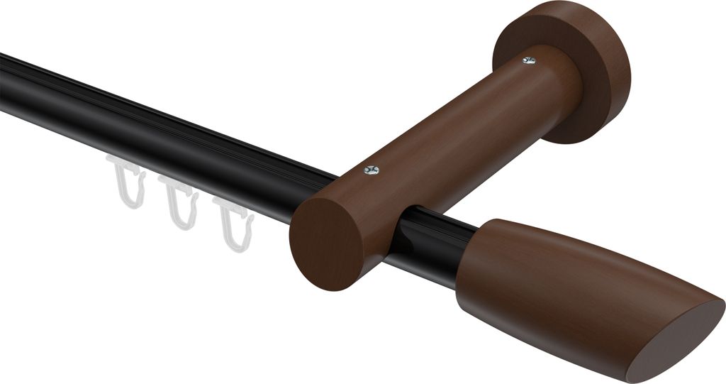 Interdeco Innenlaufstange / Gardinenstange mit Innenlauf Schwarz / Nussbaum lackiert, Typ Talent Etta (Ellipse Schräge), 20 mm Ø 1-läufig, 180 cm