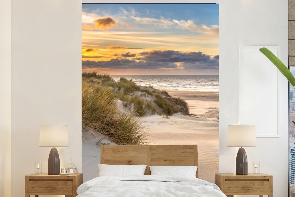 MuchoWow Fototapete für Wohnzimmer oder Schlafzimmer Wandtapete Vinyl Motivtapete Strand - Düne - Gras - Sonnenuntergang - Meer - 200x300 cm - ...