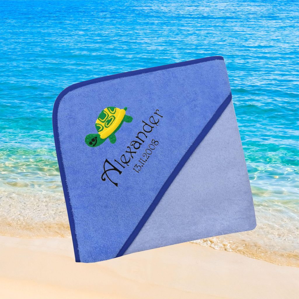 Kapuzenhandtuch für Babys/Jungen, blau, Größe ca. 100 x 100 cm, Motiv Schildkröte, Frottee in Baumwolle, bestickt personalisierbar mit Namen