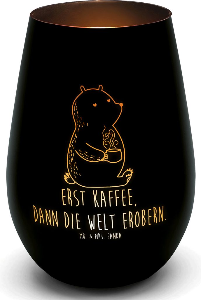 Mr. & Mrs. Panda Laterne Bär Kaffee - Schwarz - Geschenk, Windlicht Glas, Kerzenhalter, Kerzenglas, Coffee, Teddy, Guten Morgen, Motivation, Bäre...