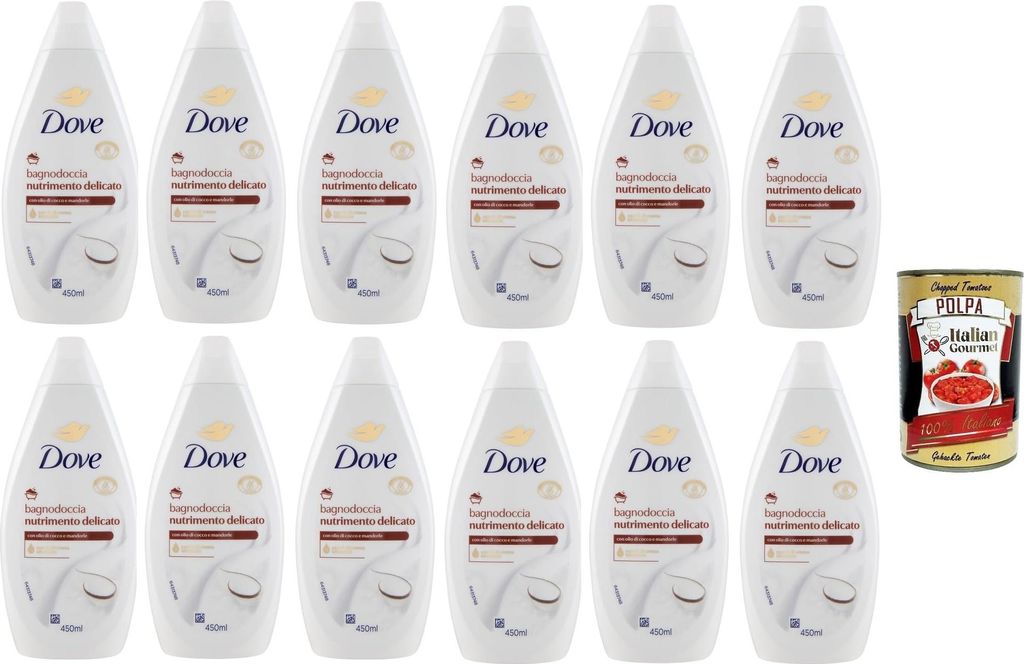 Dove bagnodoccia nutrimento delicato, mit Kokos- und Mandelöl, Schaumbäder Bades bath shower foam, Weichheit und Pflege 12x 450 ml + Italian Gour...